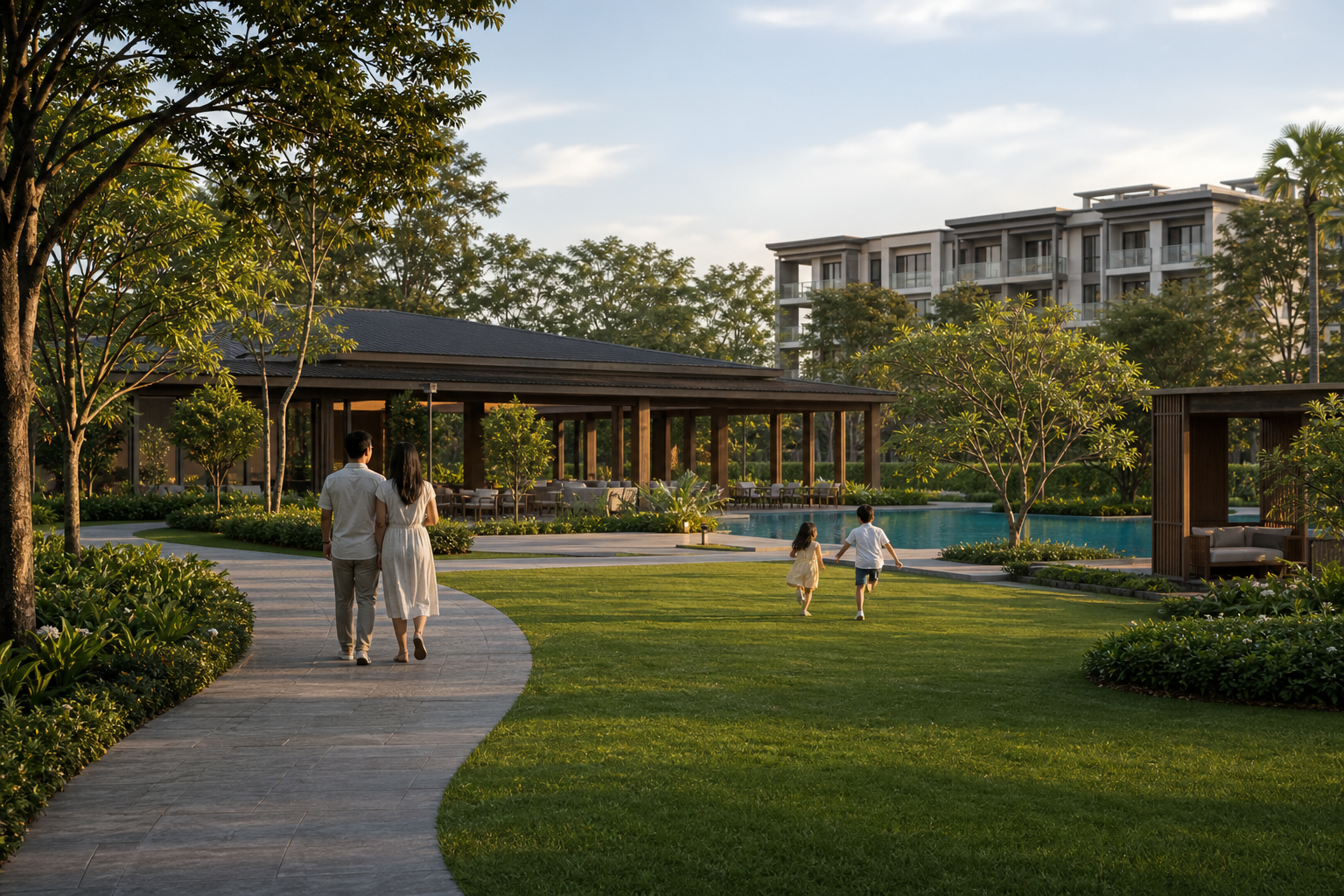 Amenidades conceptuales con jardines, piscina y familia caminando