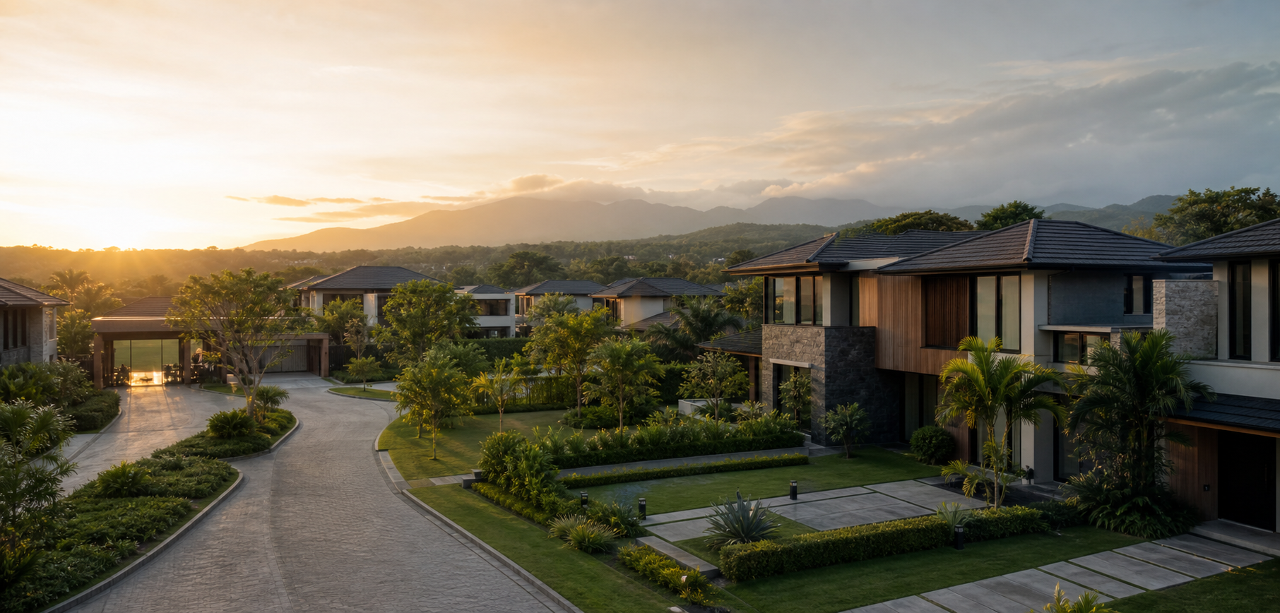 Vista conceptual de un residencial premium con casas modernas y jardines tropicales