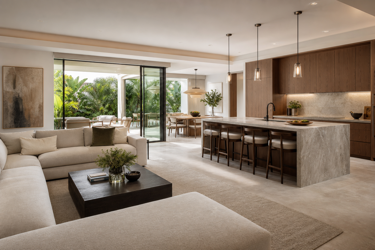 Interior conceptual de sala y cocina integrada en casa premium