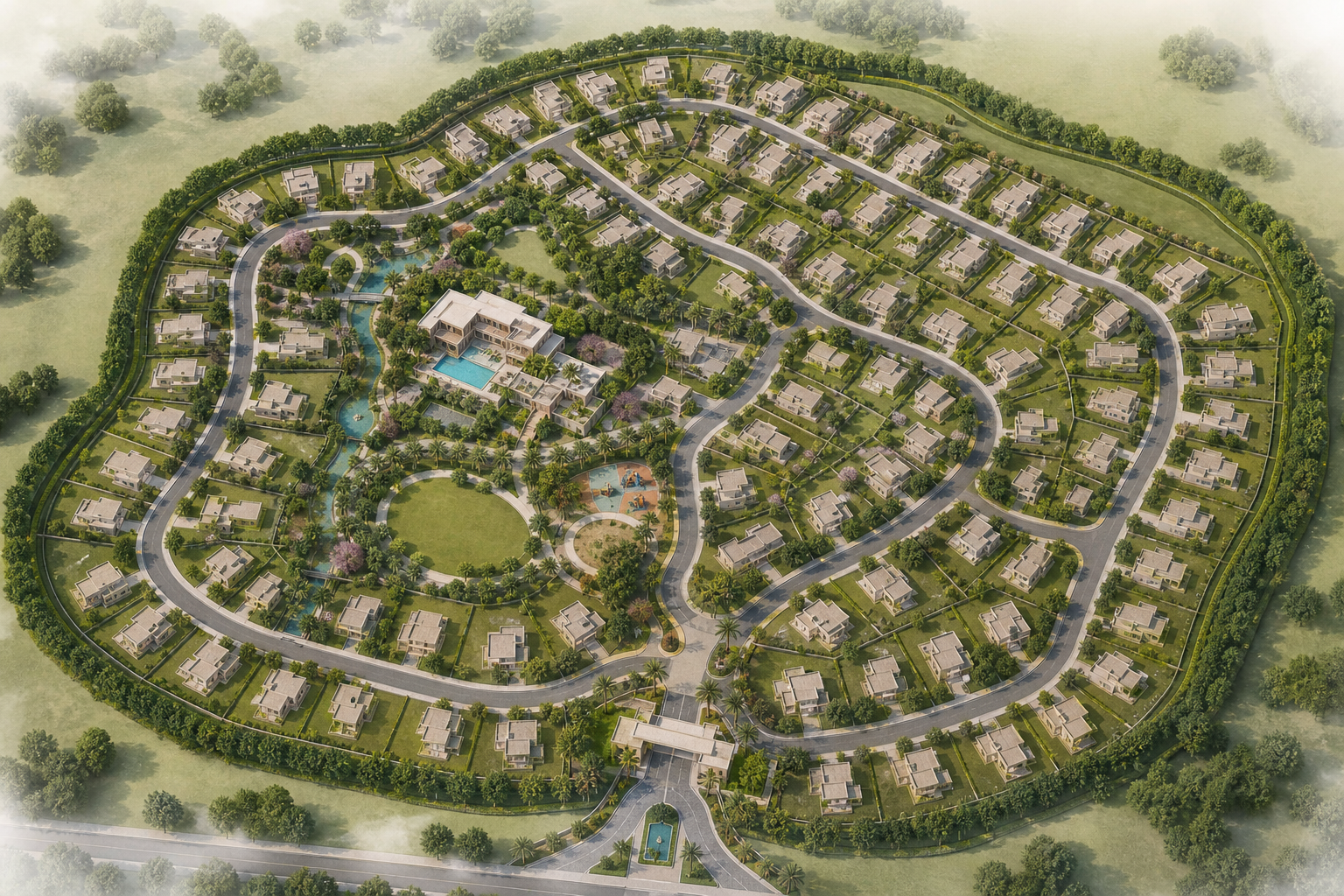 Masterplan conceptual de un residencial con viviendas, calles internas y zonas verdes